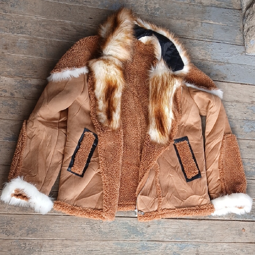 EUC Fashionable Faux Fur And Sherpa Trim Sherpa Lined Tan Jacket Coat